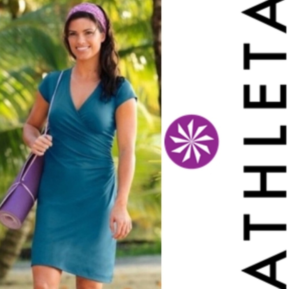 Athleta Nectar Faux Wrap Sporty Casual Soft Stretchy Comfy Teal Mini Dress M